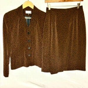 Leopard Print Tailored Skirt Suit Kasper ASL Blazer Pencil Skirt